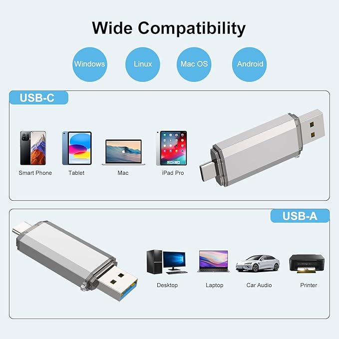 RAOYI 32GB USB C Flash Drive, 2 in 1 USB 3.0 Type C Dual OTG Metal Thumb Drive Jump Drive Memory Stick with Keychain Suitable for USB-C Smartphones, MacBook, Computers and Tablets (Silver)