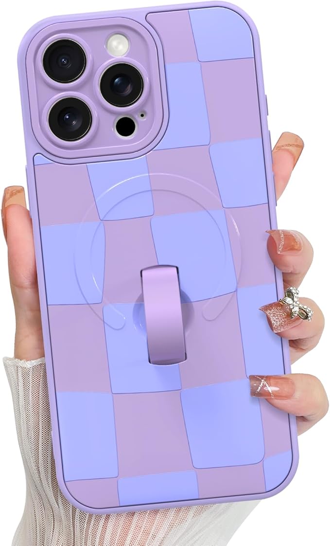 KANGHAR Compatible with iPhone 15 Pro Max Case, Support for MagSafe, Silicone Checkered Cute Pattern, Wristband Kickstand Camera Protection Soft Slim Cover for Girls Women -Purple