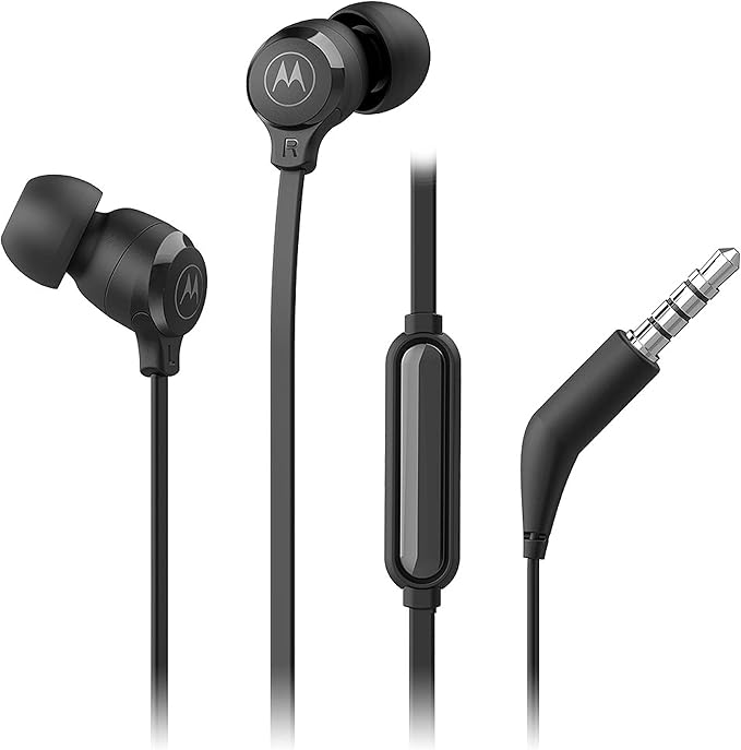 Motorola Earbuds 3-S Wired Earbuds with Microphone - Corded in-Ear Headphones, Comfortable Lightweight Silicone Ear Buds, Non-Tangle Flat Cable, 9.4mm Drivers Clear Bass Sound - Black
