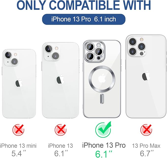 Hython Magnetic Clear for iPhone 13 Pro Case with Camera Lens Protector [Compatible with MagSafe] Luxury Plating Edge Slim Soft TPU Cover Protective Phone Case for iPhone 13 Pro 6.1", Silver