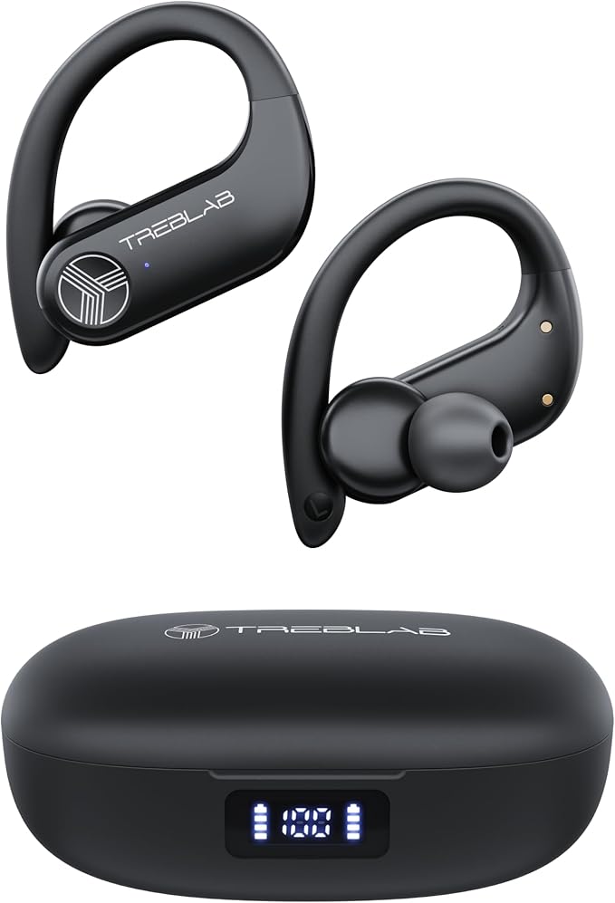 TREBLAB X3 Pro - Sports Wireless Ear Buds Bluetooth - Comfortable Workout Headphones with Secure Ear Hooks, 12H Long Battery Life, IPX5 Sweatproof Earphones, Noise Isolation Over Ear Earbuds