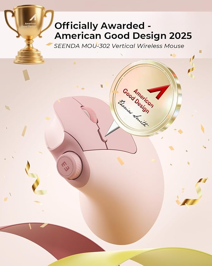 seenda Ergonomic Mouse Wireless, MOU-302 Bluetooth Vertical Mouse Rechargeable, Volume Knob, Silent Mice & 1000/1600/2400 DPI, 3 Multi-Device Connection for Windows/PC/Laptop/Mac/MacBook, Pink