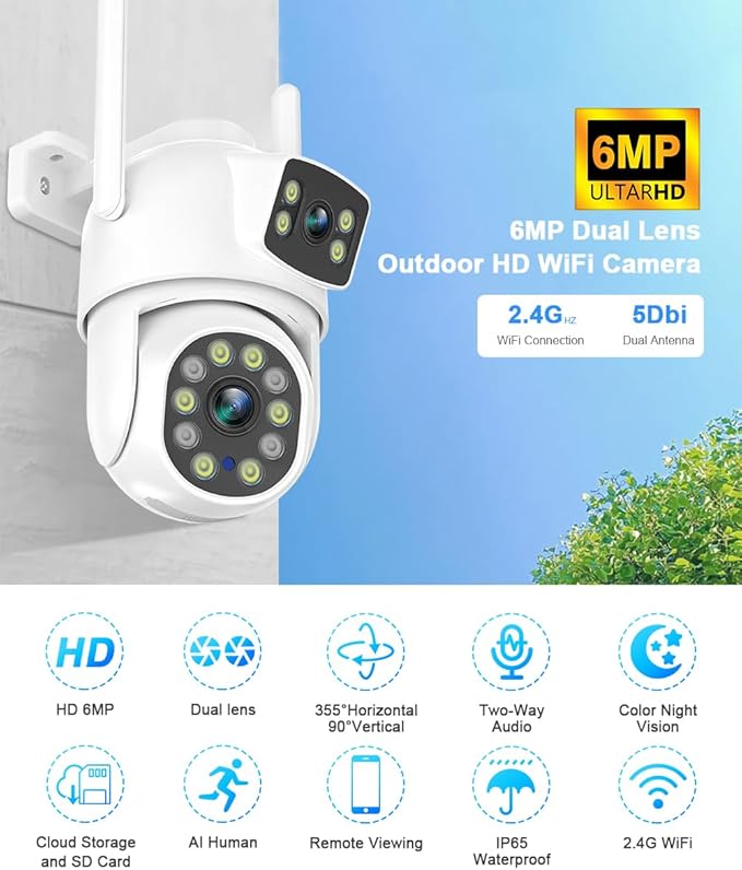 EVERSECU Dual Lens Linkage 6MP WiFi PTZ Security Camera Outdoor, 360° View, Auto Tracking, Motion Detection, Color Night Vision, 2-Way Audio, Compatible with Alexa