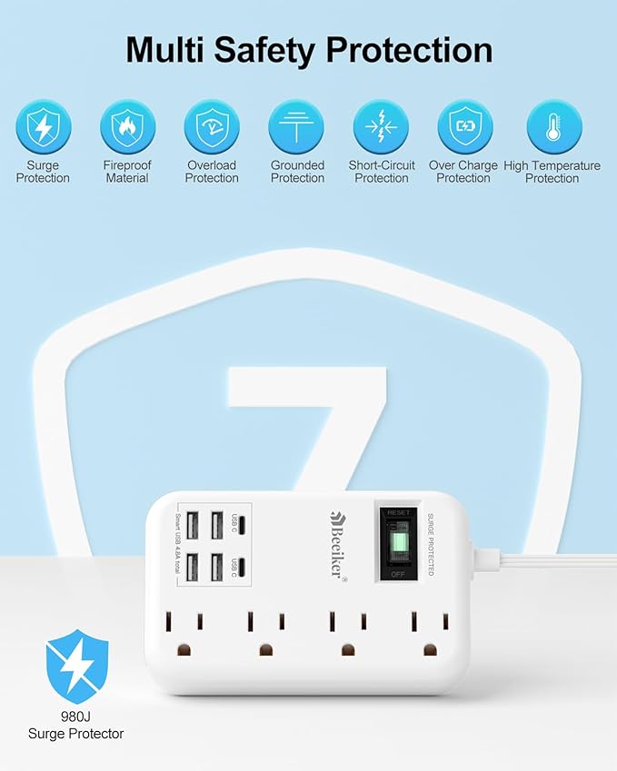 Beeiker 6 USB(2 USB C) Surge Protector Power Strip- 10 Ft Extension Cord with 24W USB Charging Station and 4 Outlets, Long Flat Extension Cord with Multiple Outlets for Travel Home Office Dorm White