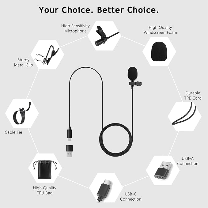 USB C Lavalier Microphone, Omni Condenser Clip-on Mic for iPhone 17/16/15, Samsung, Google, Oneplus, with USB-A for Computer & Laptop, 6.6FT, External Lapel Mic for Youtube, Interview & Podcast