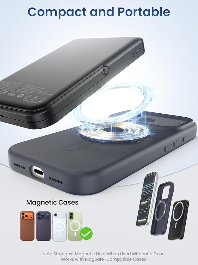 Portable Charger for Magsafe Battery Pack,10000mAh Power Bank with Foldable Stand,Travel Essential PD 22.5W Fast Charge,Magnetic Charge Wireless Charger for iPhone 17/16/15/14/13/12 Series–Black