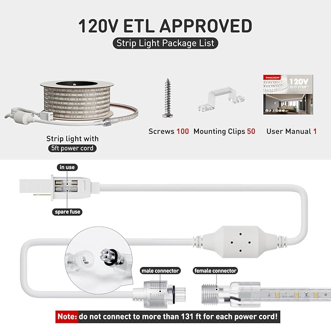 Shine Decor LED Strip Light Easy Connectable, 2800K Warm White Cold Resist Weatherproof Plug-in for Indoor Outdoor, 101 LM/FT Dimmable Bright Eco Rope Lighting 82FT, 120V Whole Set ETL Listed