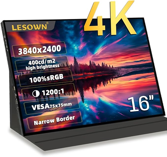 3840x2400 UHD 4K Portable Monitor 16 inch USB C HDMI Touch 400Nits High Brightness Ultra Wide Display with Speakers External Monitor for Laptop PC Phone Mac (4K No Touch)