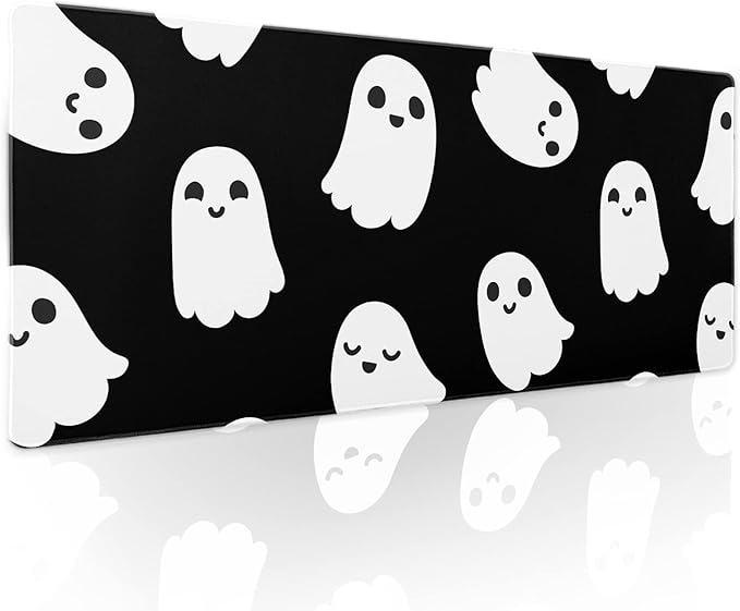 Halloween Cute Ghost Mouse Pad Kawaii Cartoon Spooky Funny Spirit Extended Desk Mat Non-Slip Rubber Base Stitched Edge Large XL Black White Mousepad for Desk Gaming Laptop Desktop,31.5×11.8 Inch