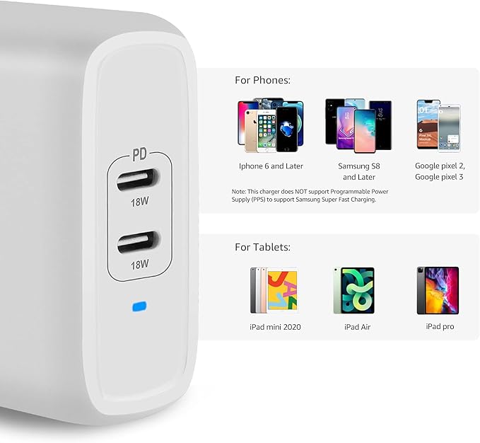 Amazon Basics 36W Dual Port USB-C Wall Charger with Power Delivery, Foldable Plug, for Tablets and Phones, Apple Watch, White, 2.34 x 1.09 x 2.21 in (PD36U-2TNB)