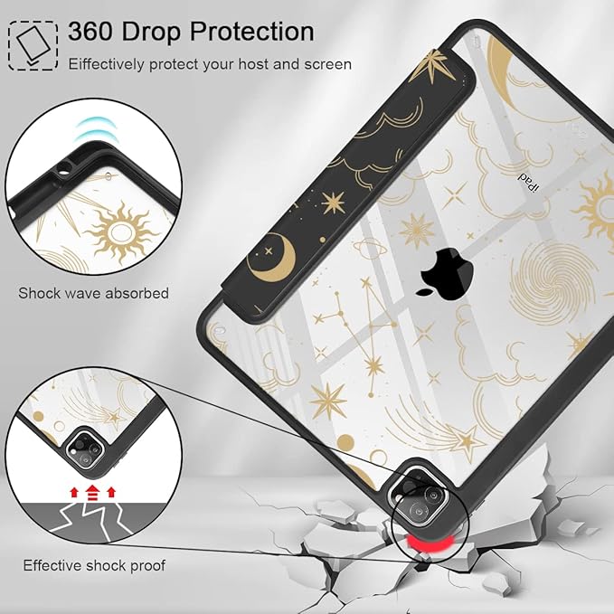 Tuiklol for iPad Pro 12.9 Inch 6th/5th/4th/3rd Generation 2022 2021 2020 2018 Case,Built-in Pencil Holder Clear Transparent Protective Back Shell Cover with Auto Sleep/Wake, Moon and Star