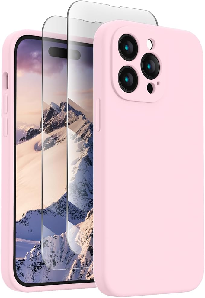 FireNova Designed for iPhone 14 Pro Max Case, Silicone Upgraded [Camera Protection] Case with [2 Screen Protectors], Soft Anti-Scratch Microfiber Lining Inside, 6.7 inch, Chalk Pink