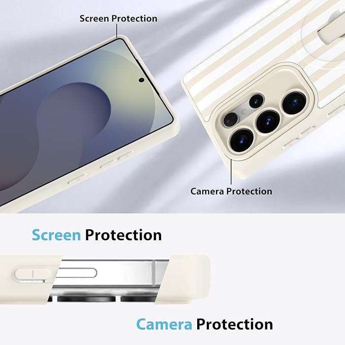 KANGHAR Compatible with Samsung Galaxy S25 Ultra Case, Support for MagSafe, Silicone Stripes Cute Pattern, Wristband Kickstand Camera Protection Soft Slim Cover for Girls Women -White