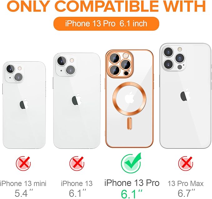 Hython Magnetic Clear for iPhone 13 Pro Case with Camera Lens Protector [Compatible with MagSafe] Luxury Plating Edge Slim Soft TPU Cover Protective Phone Case for iPhone 13 Pro 6.1", Orange