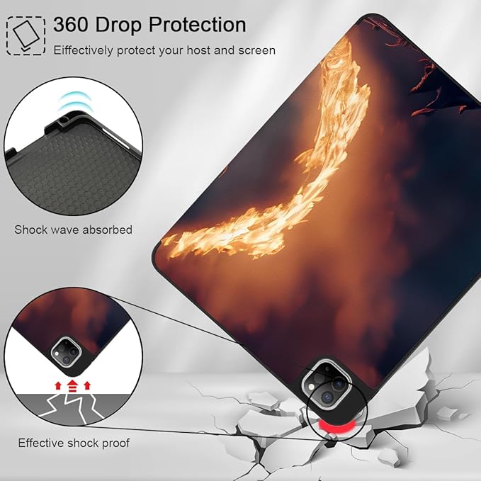 Tuiklo for iPad Pro 12.9 inch 6th / 5th / 4th / 3rd Generation 2022 2021 2020 2018 Release Case- Built in Pencil Holder Slim Protective Cover with Auto Wake/Sleep, Fire Dragon