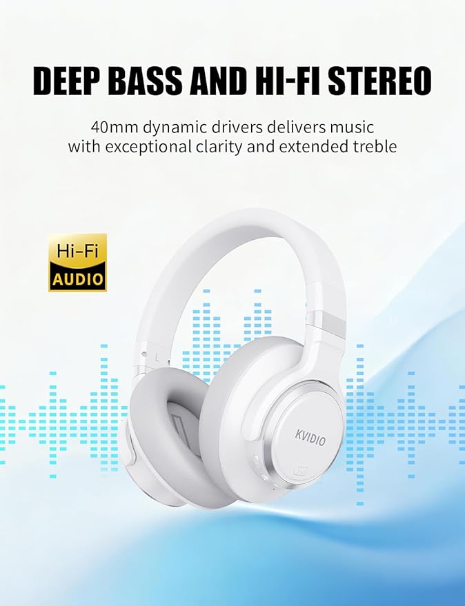 KVIDIO Hybrid Active Noise Cancelling Headphones, Wireless Bluetooth Headphones Over Ear with Mic, 70H Playtime, Transparency Mode, Hi-Fi Stereo Sound, Deep Bass Headsets for Phone PC Travel Home