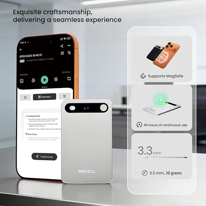 Mocoll AI Voice Recorder, Transcribe & Summarize with AI, App Control,Supports 120 Languages,64GB Note Taking Device w/Magnetic Case, 45H Recording, Ultra-Slim, Note Taker for Meetings, Interviews