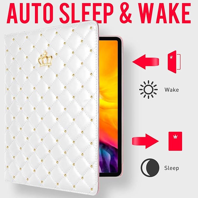 Changjia for iPad Air 11 Inch Case M4 (2026)/M3 (2025)/M2 (2024), iPad Air 5th/4th Gen 10.9" (2022/2020) with Pencil Holder,Girly Cute Crown Diamond Elegant Auto Sleep/Wake Stand Protective Case,White