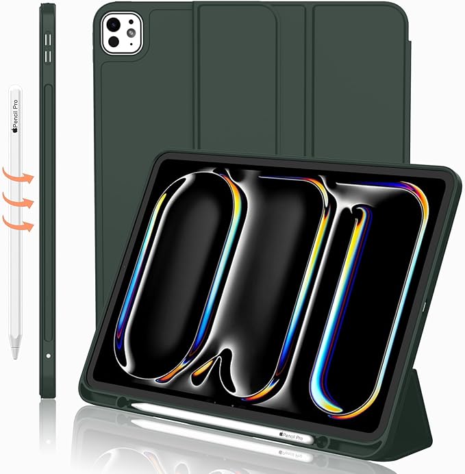 iMieet iPad Pro 13 Inch Case (M5/M4) 2025/2024 with Pencil Holder, Trifold Stand Smart Case with Soft TPU Back, Auto Wake/Sleep (Dark Green)