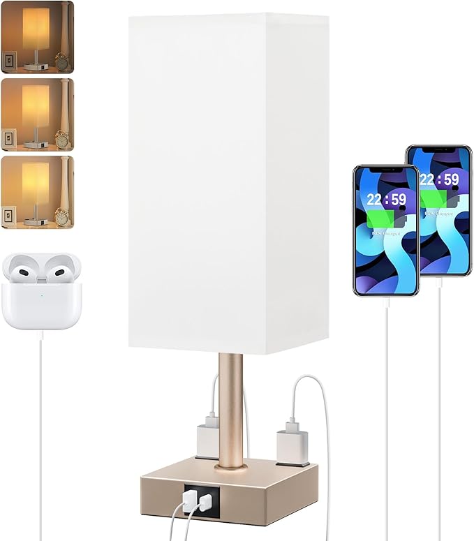Antique White Touch Table Lamp - Mochaca Gold Bedside Lamp with USB A + Type C Charging Ports and two AC Outlets, Small Night Stand with E26 LED Bulb, Desk Light for Bedroom Living Room Office Dorm