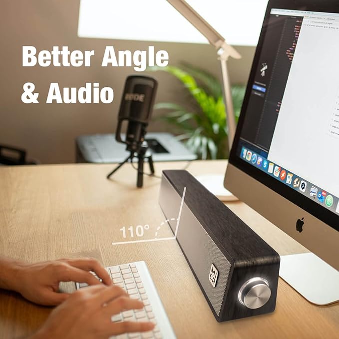 MICA Computer Speakers, Vintage Wired Computer Sound Bar, Retro Wooden Mini Soundbar, USB Powered PC Speakers for Desktop Monitor, Laptop, Tablet, 3.5mm Aux Connection, Angled (Gray)