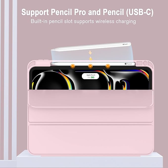 ZryXal New iPad Pro 13 Inch Case (M5) 2025 / (M4) 2024 with Pencil Holder, Smart iPad Case [Support Pencil Pro and Pencil (USB-C)], Support Touch ID and Auto Wake/Sleep (New Pink)