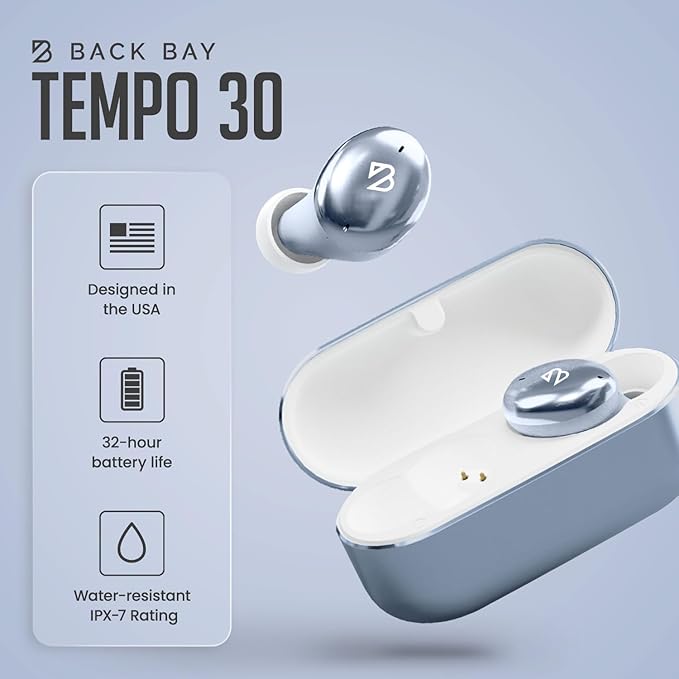 Back Bay Audio Tempo 30 Wireless Earbuds for Small Ears - Award-Winning Sound, Sweatproof Bluetooth Earbuds, Tech Fitness Gifts for Men, Comfortable Bluetooth Ear Buds for Women - Ice Blue