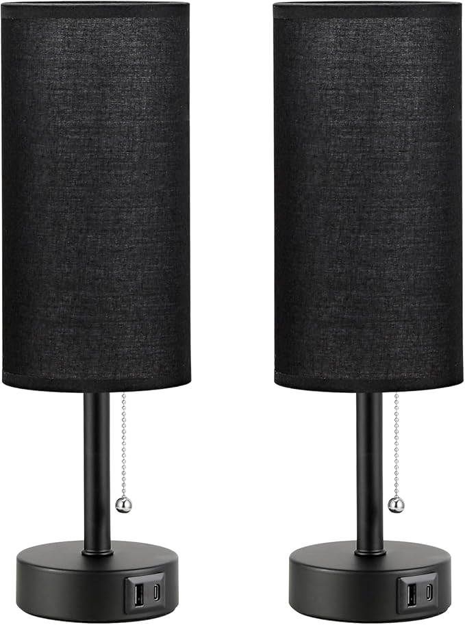 PartageiZ Black Bedside Lamps for Bedroom Set of 2 - Nightstand Table Lamp with USB Charging Port, Pull Chain Night Stand Light, Side Table Desk Reading Lamp for Living Room/Dorm/Bathroom/Kitchen