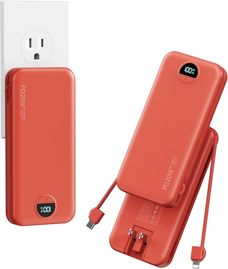 10000mAh Ultra-Portable-Charger-Power-Bank with Built in Cables&AC Wall Plug, PD20W USB-C Fast Charging Cell Phone Charger Battery Pack,LED Display Travel Battery Bank for All iPhone,Samsung,Android