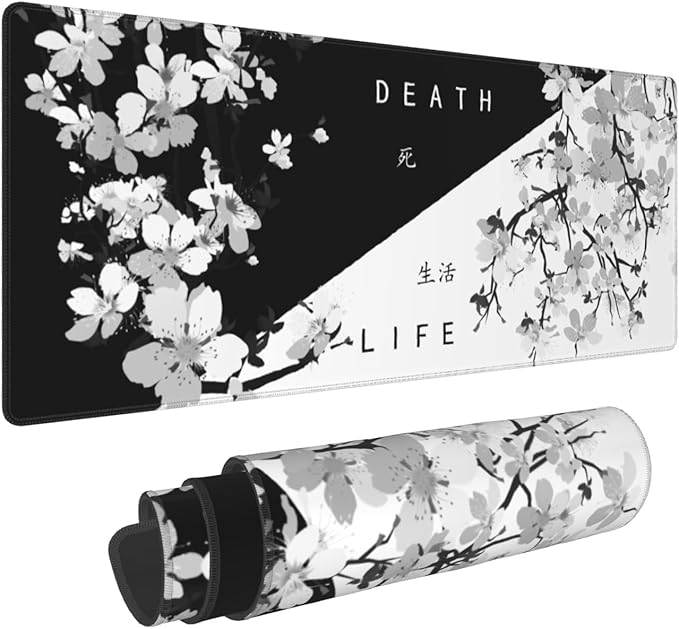 Black White Cherry Blossom Mouse Pad 31.5 X 11.8 Inch XL Japanese Art Style Design Extended Gaming Mousepad Large Non-Slip Rubber Base Keyboard Desk Mat with Stitched Edges for Gaming Office