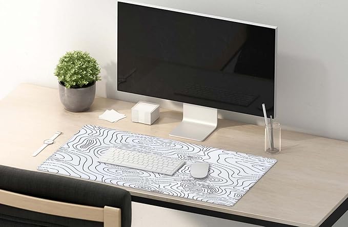 SSOIU White Topographic Desk Mat - Extended Gaming Mouse Pad (35.5x15.7 in), Large Non-Slip Rubber Base with Stitched Edges