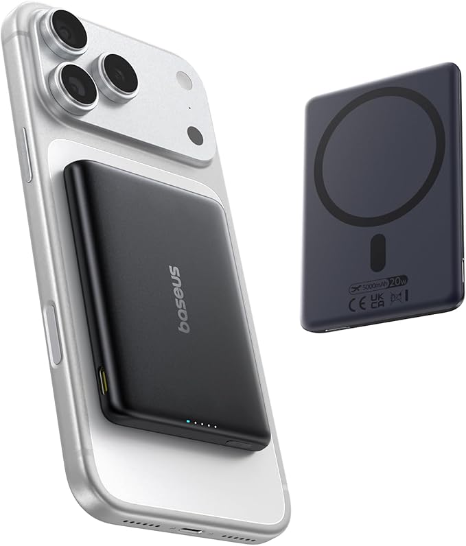 Baseus Picogo Power Bank, Smallest 5,000mAh Magnetic Wireless Charger with USB-C Braided Cable, Fast Charging Portable Battery Pack, NTC Safety Alloy Travel Essential for iPhone 7 Pro Max/17 Air/17e
