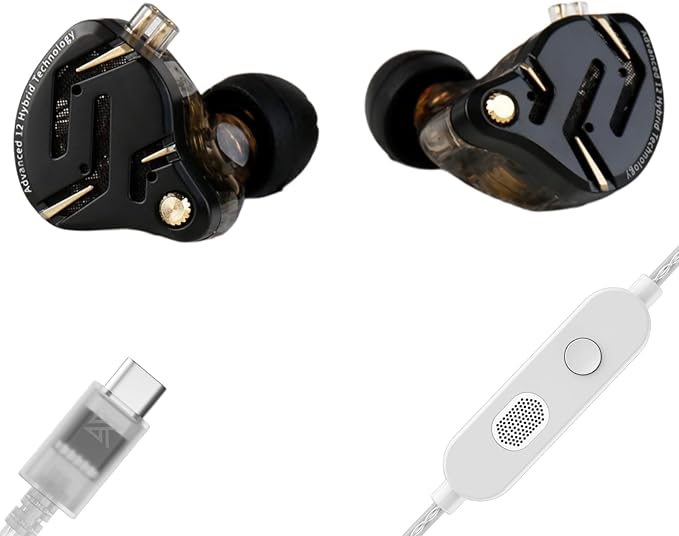 KZ ZS12 PRO 2 USB C Wired Headphones Type-C in Ear Monitor Headphone, 5BA+1DD 6 Driver Gaming Earbuds USB C Wired Earphones, HiFi Clarity Sound Immersive Bass IEMs for Gaming (Black, USBC-with Mic)