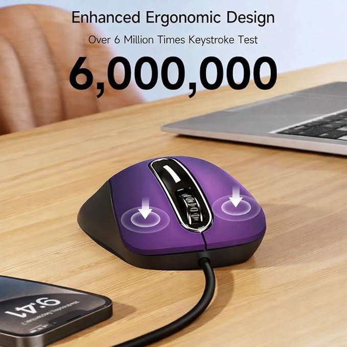 memzuoix Wired Mouse, USB Computer Mouse 1400 DPI Mobile Optical Mouse Ergonomic Design Computer Mice with 5FT Cord for Laptop, PC, Desktop, MacBook, 5 Buttons (Purple)