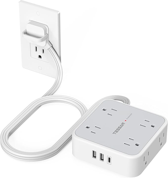 TESSAN Surge Protector Power Strip, 5 Ft Flat Plug Extension Cord with 3 USB (1 USB C) 8 Outlets, 1250W, 900J Protection, 3 Sided Outlet Extender with Ring Plug for Office, Dorm Room, Grey