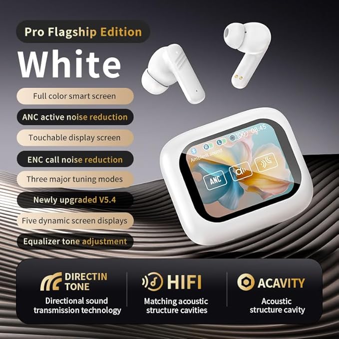 Touch screen earbuds Wireless Earbuds - Active Noise Cancelling Earbuds ANC with Smart Touch Screen - Ear Earbuds with Wireless Charging Case LED Display Deep Bass Earphones Headset with Built (White)