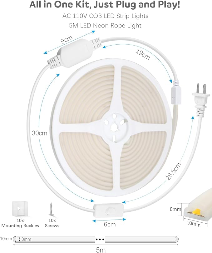 ALITOVE COB LED Strip Light Waterproof IP67 Warm White 3000K 16.4ft AC 110V 120V LED Neon Rope Lights Bright 1440LEDs Flexible LED Strip for Indoor Outdoor Cabinet Shower Bedroom(No Remote Dimmer)