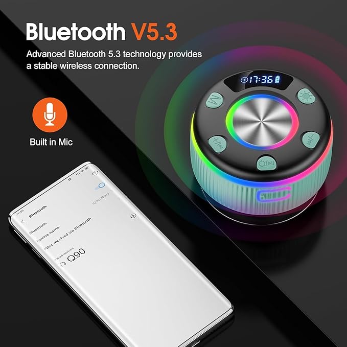 Bluetooth Shower Speaker, IP7 Waterproof Portable Bluetooth 5.3 Speakers with Suction Cup, Mini Wireless Speaker with RGB Lights Time Display, Loud Stereo Sound for Bathroom Beach Outdoor Party, Mint