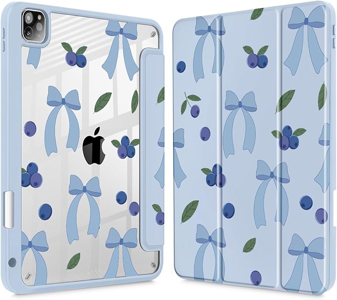 Tuiklol for iPad Pro 12.9 Inch 6th/5th/4th/3rd Generation 2022 2021 2020 2018 Case,Built-in Pencil Holder Clear Transparent Protective Back Shell Cover with Auto Sleep/Wake, Blueberries-Blue