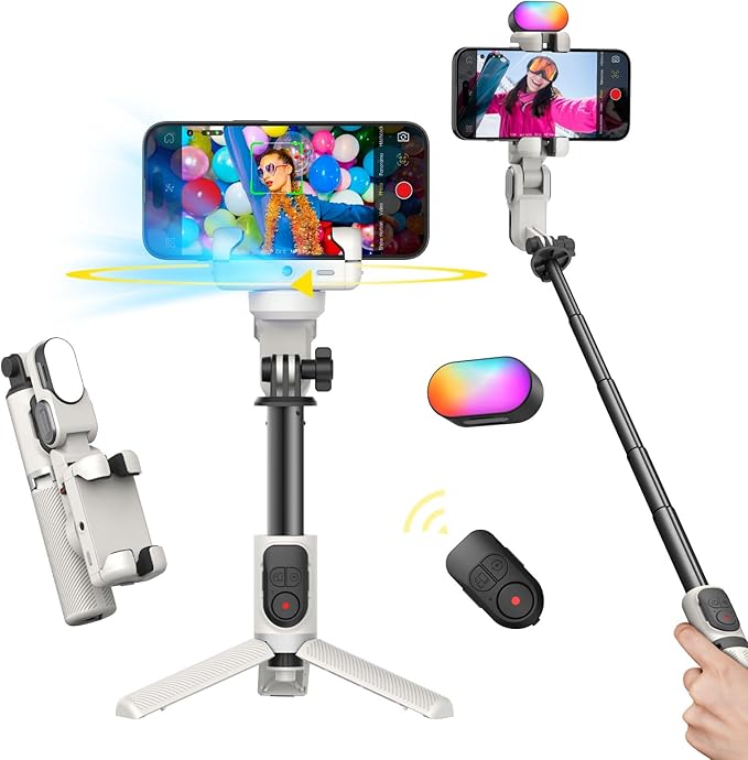AOCHUAN Gimbal Stabilizer for iPhone, Sefie Stick Tripod with Auto Face Tracking for TIK Tok YouTube Video Recording, 4 in 1 Gimbal Stabilizer with 360° Rotation for iPhone/Andriod -M1 Pro White