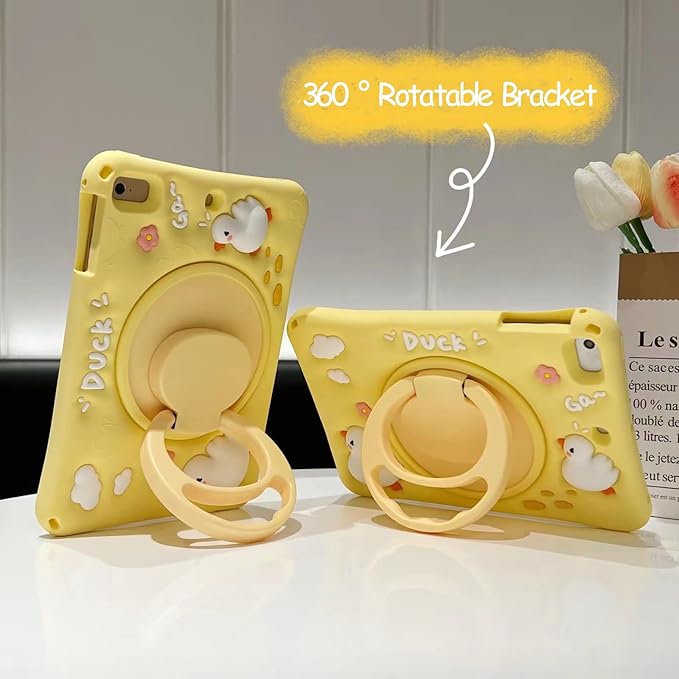3D Cute Press Duck Case for iPad mini 1st 2nd 3rd 4th 5th Gen 7.9 inch,Kawaii Cartoon Character Duck Soft Silicone Rotating Stand Case with Lanyard for Kids Teens Girls Women