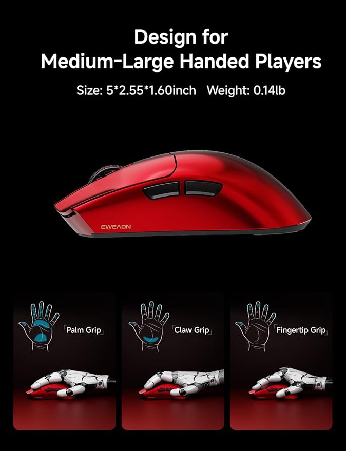 EWEADN S9 Ultra Wireless Gaming Mouse, 59G Ergonomic Computer Mouse, Triple Modes, 8K Polling, PAW3950 42K DPI Optical Sensor, Kailh Switch, 250h Battery Life, Programmable for PC/Win/Mac(Red)
