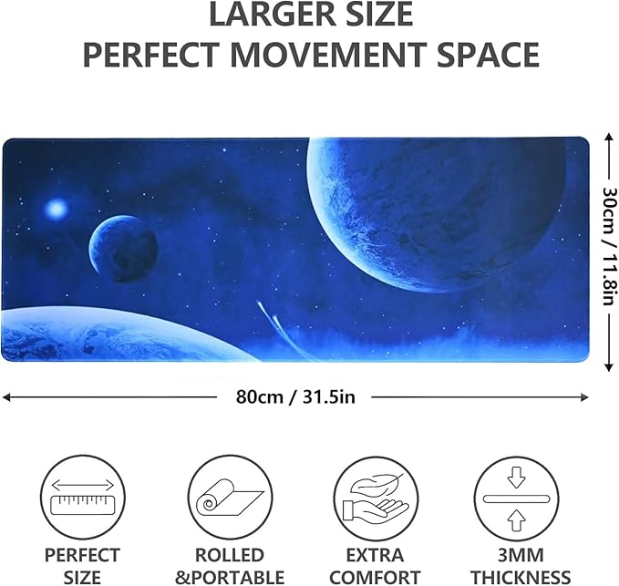 Gaming Mouse Pad with World Map(31.5 x 11.8in), Desk Mat&Large Mouse Pad Keyboard Mat 3MM Anti Slip and Waterproof Rubber Mouse Pad(Universe and Planet)