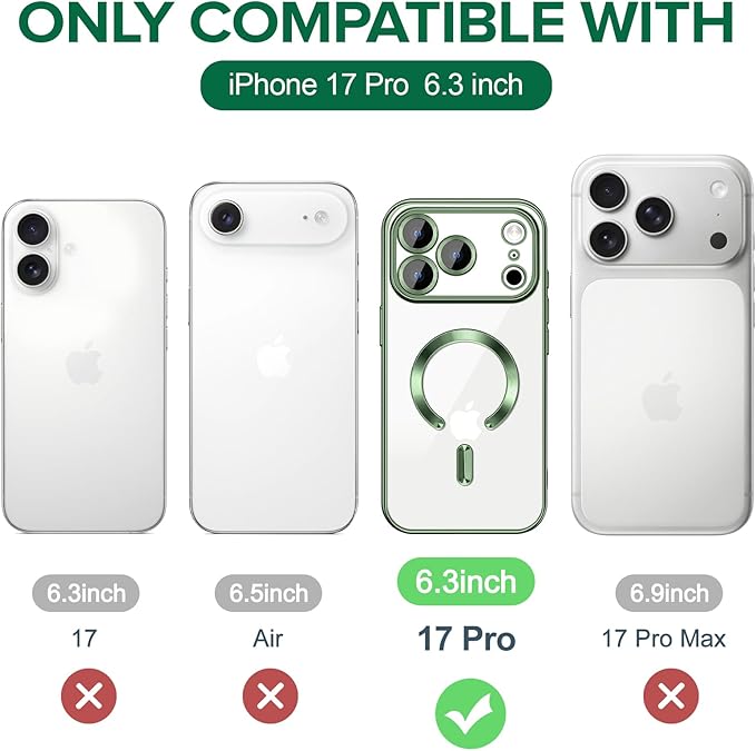 Hython Magnetic Clear for iPhone 17 Pro Case with Camera Lens Protector [Compatible with MagSafe] Luxury Plating Edge Slim Soft TPU Cover Protective Phone Case for iPhone 17 Pro 6.3", Deep Green