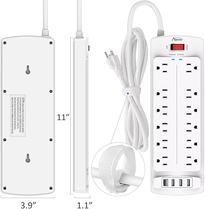 Power Strip, ALESTOR Surge Protector with 12 Outlets and 4 USB Ports, 20 Feet Extension Cord (1875W/15A), 2700 Joules, ETL Listed, White