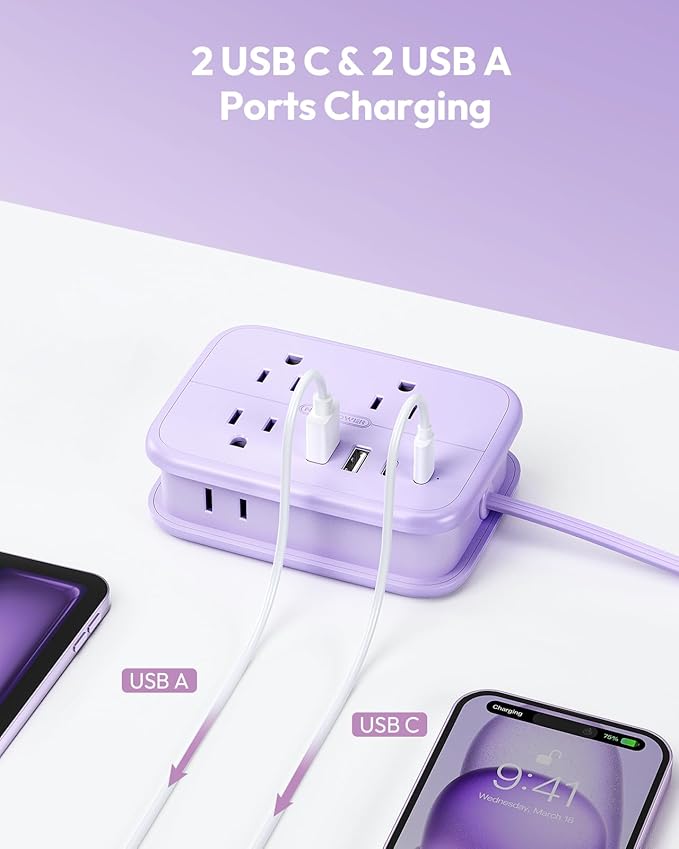 NTONPOWER Purple Travel Power Strip, 6 Outlets 4 USB Ports(2 USB C), 4ft Purple Extension Cord Wrapped Around Small Power Strip, Compact for Travel, Hotel, Cruise Approved