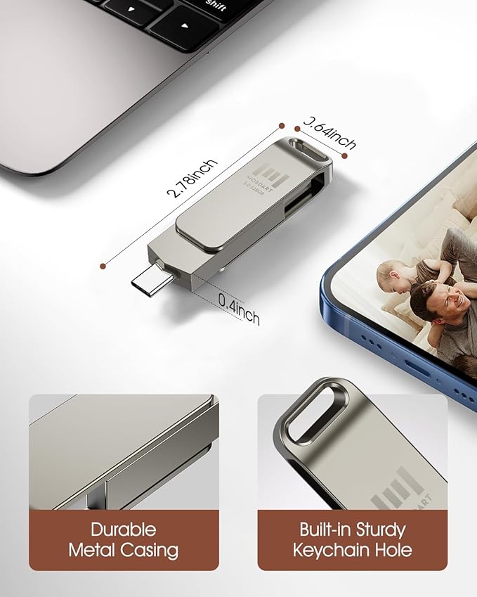 MOSDART 128GB USB C 3.2 Fast Speed C and A Dual Flash Drive, exFAT Memory Stick with Keychain Loop, for iPhone 15,16,17, Android Phone, iPad, MacBook, Silver