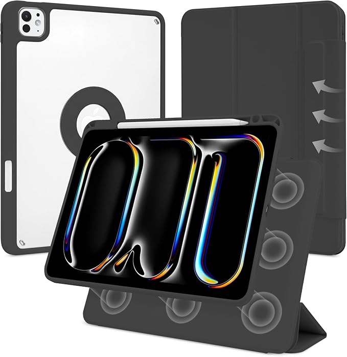 Case for iPad Pro 11 inch M5/M4 (2025/2024, 6th/5th Generation), Removable and Detachable Magnetic Cover with Pencil Holder, Vertical Adjustable Stand, Tri-Fold Multi-Angle, Black
