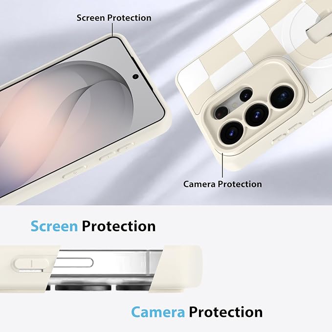 KANGHAR Compatible with Samsung Galaxy S26 Ultra Case, Support for MagSafe, Silicone Checkered Cute Pattern, Wristband Kickstand Camera Protection Soft Slim Cover for Girls Women -White