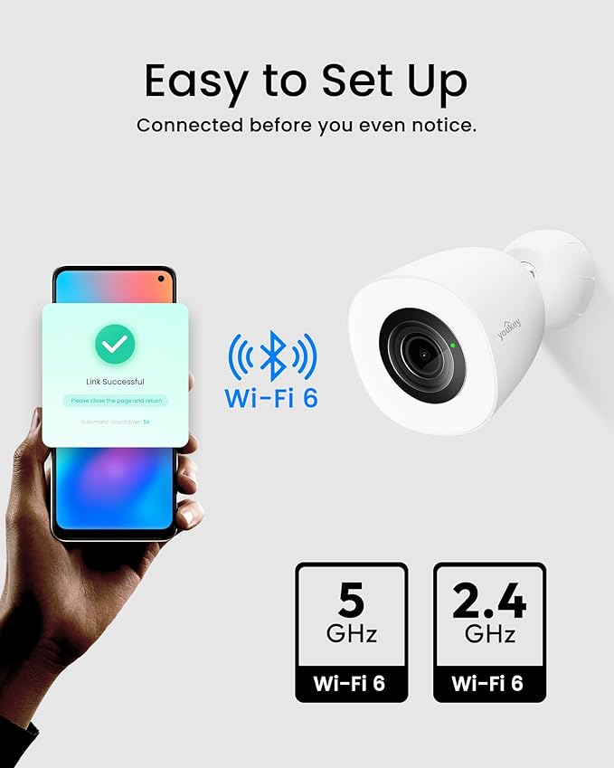 youkey 2.5K Wired Security Camera Outdoor, F1.0 Color24 Night Vision, Plug-in Cameras for Home Security Outside, 24/7 Continuous Recording, 130°FOV, 2.4/5GHz WiFi 6, Bluetooth Pairing, No Monthly Fees